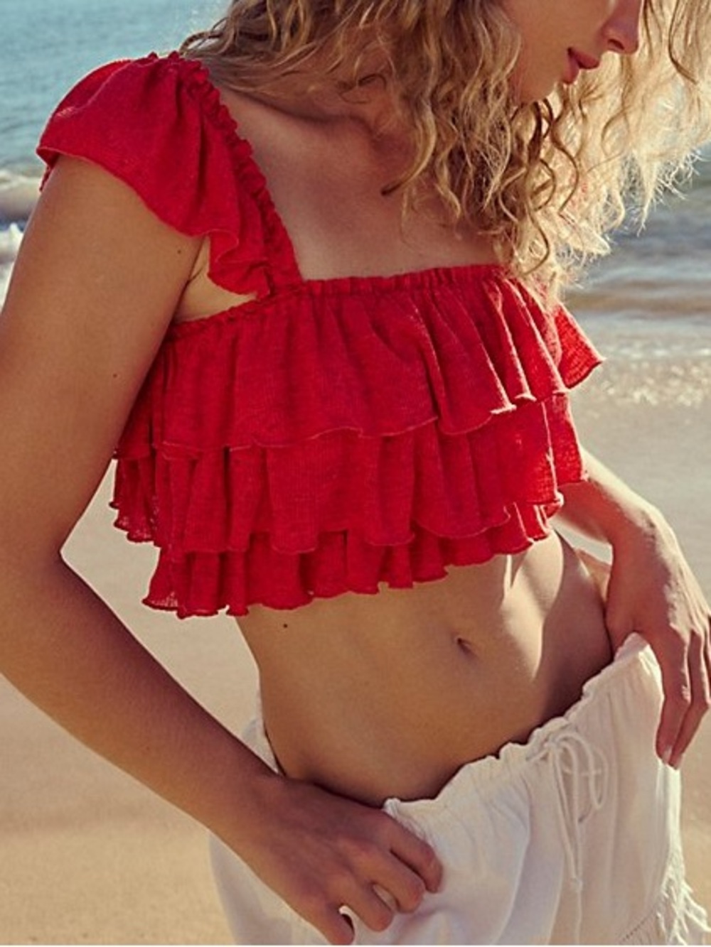 Free People Free-est Mila Tiered Ruffle Crop Top Fiesta Red Romantic Boho Beach